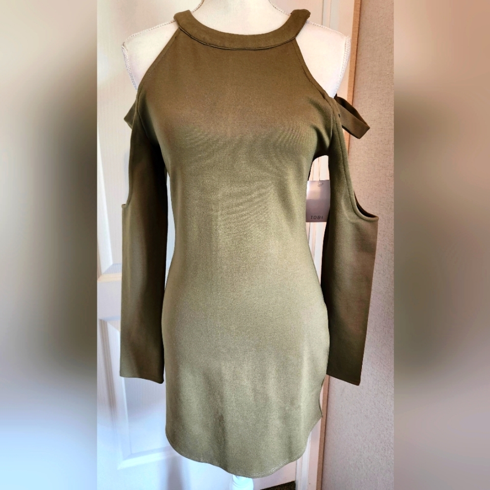 Tobi olive green  cold shoulder long sleeve mini dress NWT